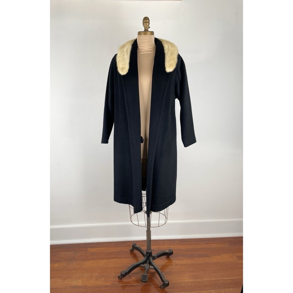 Vintage 50s Black Coat Wool Fur Trim Women's M / L UNION MADE 9FLAW
